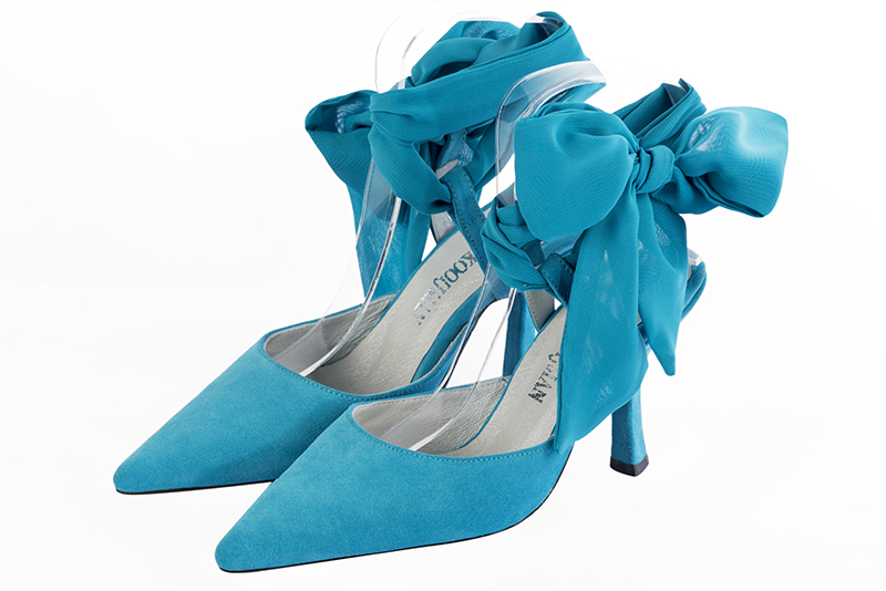 Turquoise blue women's open back shoes, with an ankle scarf. Pointed toe. High spool heels. Front view - Florence KOOIJMAN